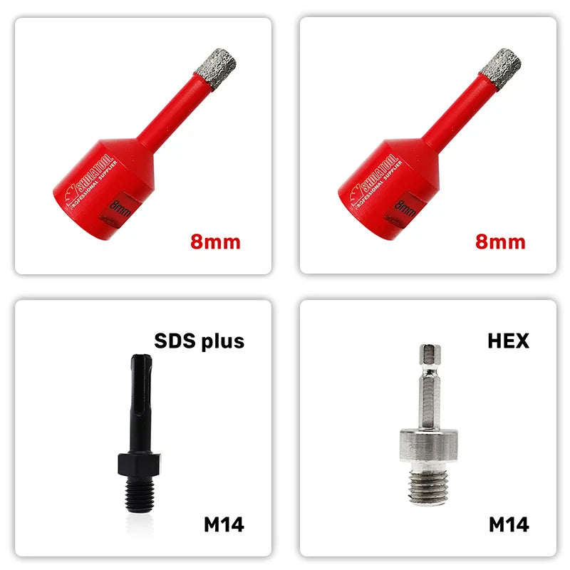 Set 2× dijamantska kruna 8 mm M14 + konektor SDS plus na M14 + adapter HEX na M14 – A85308/8/SDS/FA