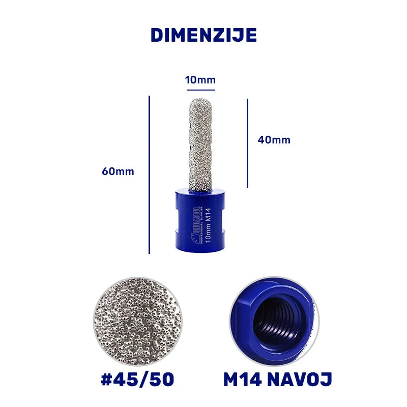 Dimenzije dijamantske krune 10mm M14 – radna dužina 40mm, ukupna dužina 60mm, granulacija #45/50 i M14 navoj