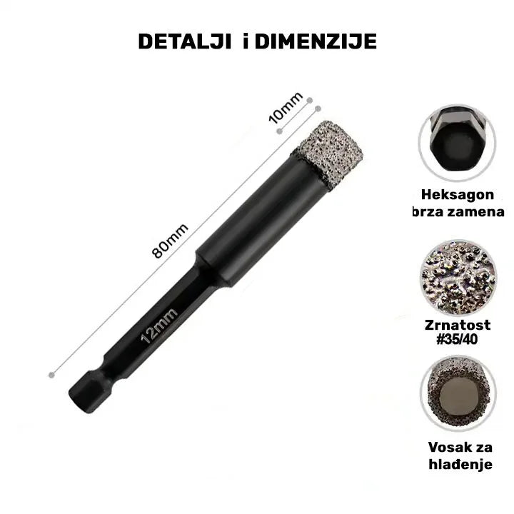 Detalji i dimenzije dijamantske krune 12 mm HEX – ukupna dužina 80 mm, dijamantska dužina 10 mm, heksagon prihvat i vosak za hlađenje