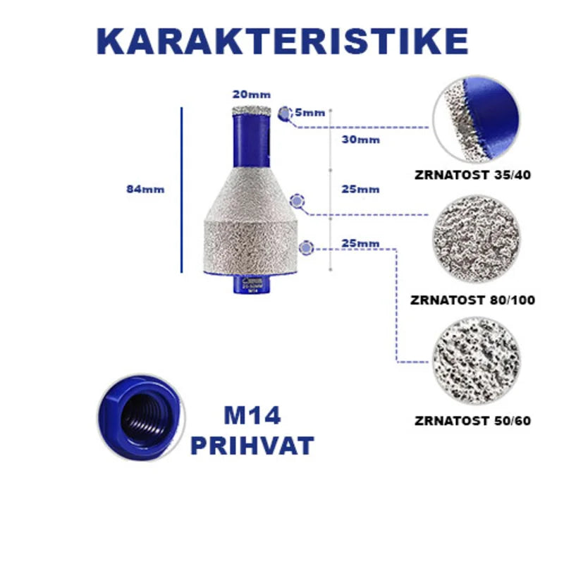Dimenzije i karakteristike dijamantske krune 20–50mm M14 – konusni oblik, raspored zrnastosti i standardni M14 prihvat