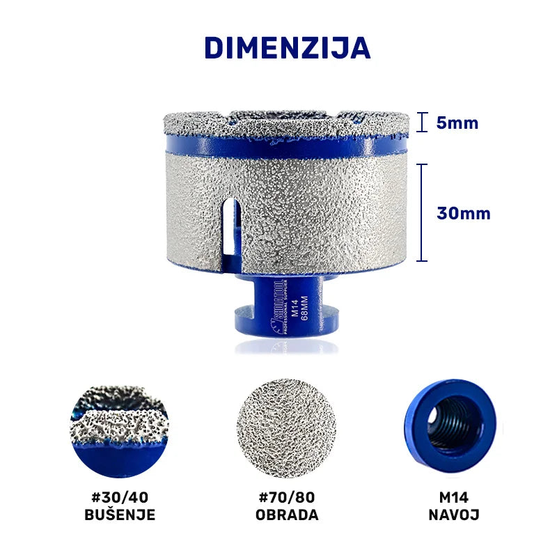 Dimenzije dijamantske krune 68 mm M14 – deo za bušenje 5 mm, deo za obradu 30 mm, vakum lemljena dijamantska obloga