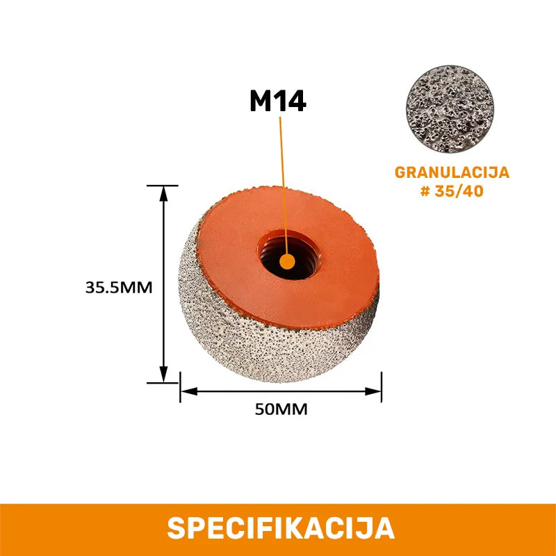 Dimenzije dijamantske kugle 50mm M14 – prečnik 50 mm, visina 35,5 mm, granulacija #35/40