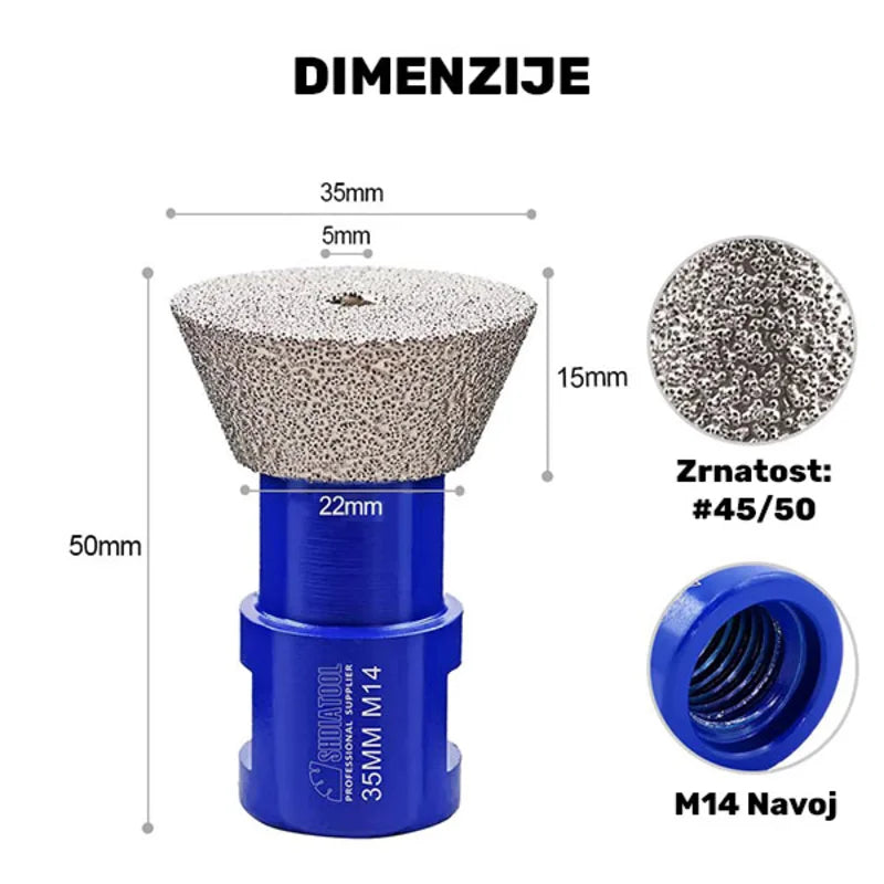 Dimenzije dijamantske oblikovne krune 35mm M14 – ukupna dužina 50mm, radna visina 15mm, granulacija dijamanta #45/50 i M14 navoj