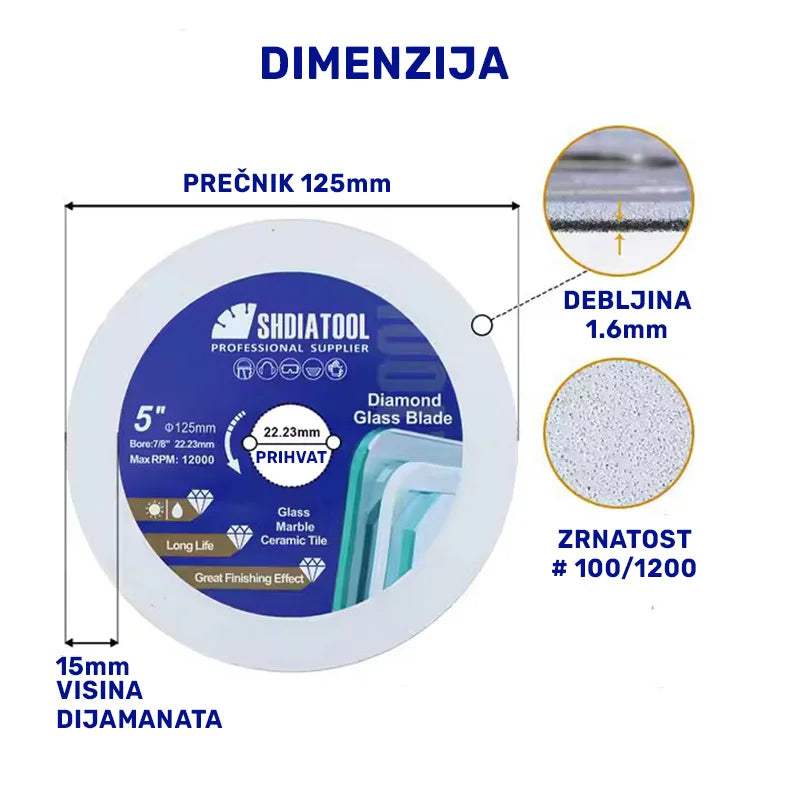 Dimenzije dijamantske rezne ploče 125mm – debljina 1.6mm, visina dijamanta 15mm i prihvat 22.23mm za ugaonu brusilicu