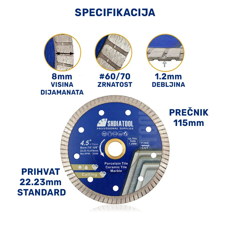 Specifikacija dijamantske turbo rezne ploče 115mm x 1.2mm – visina dijamanta 8mm, zrnatost #60/70, prihvat 22.23mm