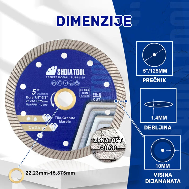 Dimenzije dijamantske turbo rezne ploče 125mm A030051022 – prečnik 125mm, debljina 1.4mm, visina dijamanta 10mm, otvor 22.23mm