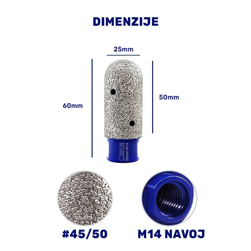 Dimenzije dijamantske valjkaste krune 25mm – radna dužina 50mm, dijamantsko zrno #45/50 i M14 navoj