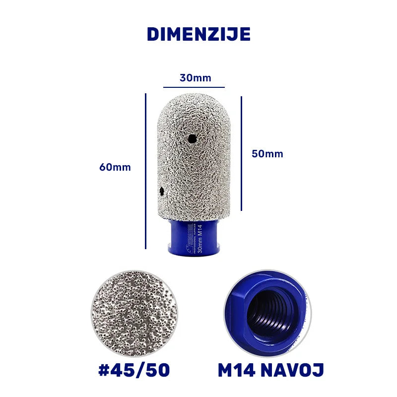 Dimenzije dijamantske valjkaste krune 30mm M14 – prečnik 30mm, radna dužina 50mm, ukupna dužina 60mm, dijamantsko zrno #45/50 i M14 navoj.