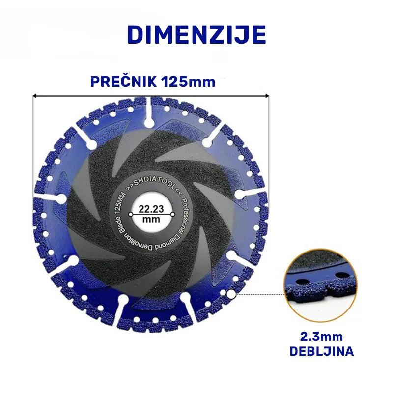 Dimenzije dijamantske višenamenske rezne ploče 125mm x 2.3mm sa otvorom 22.23mm