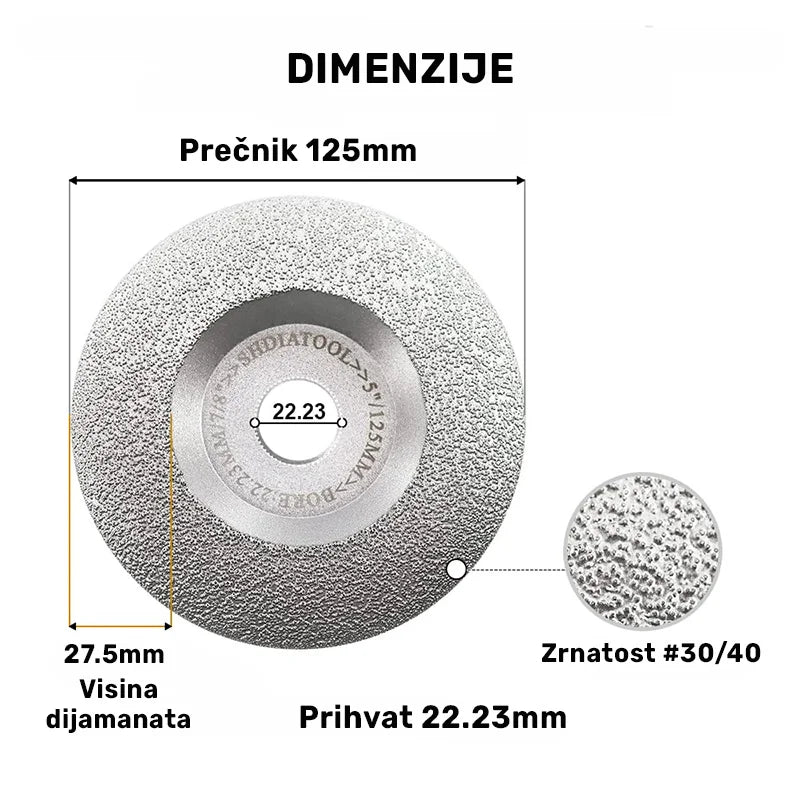 Dimenzije dijamantskog brusnog diska 125mm A8730522 – prečnik 125mm, prihvat 22.23mm, visina dijamantskog sloja 27.5mm i zrnatost #30/40