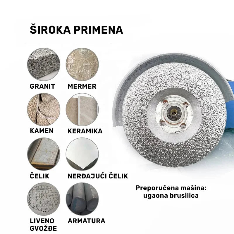 Široka primena dijamantskog brusnog diska 125mm A8730522 na granitu, mermeru, kamenu, keramici, čeliku, nerđajućem čeliku, livenom gvožđu i armaturi uz ugaonu brusilicu