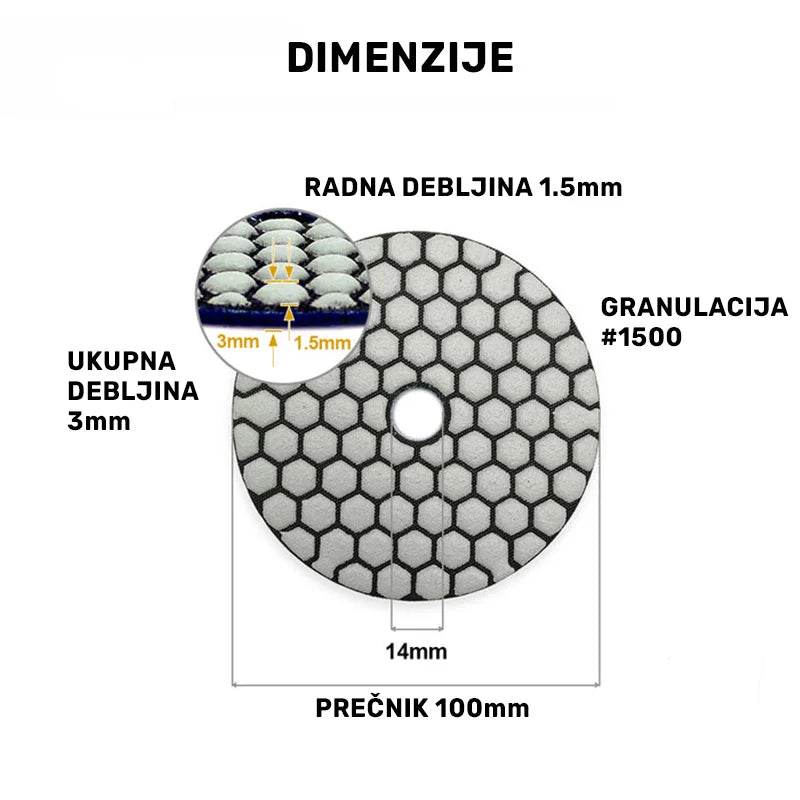 Dimenzije suvog polirnog pada 100mm #1500 sa označenom radnom debljinom