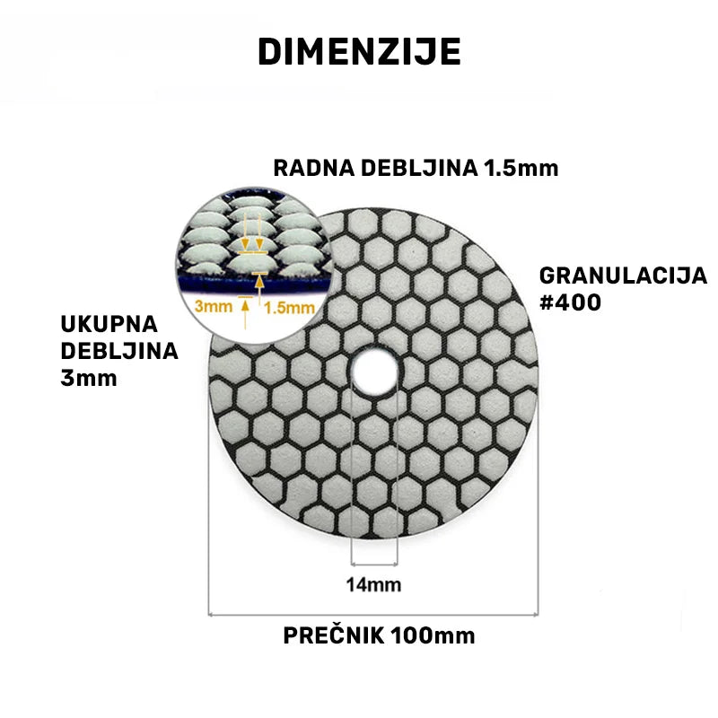 Dimenzije dijamantskog suvog polirnog pada 100mm #400 sa radnom debljinom 1.5mm