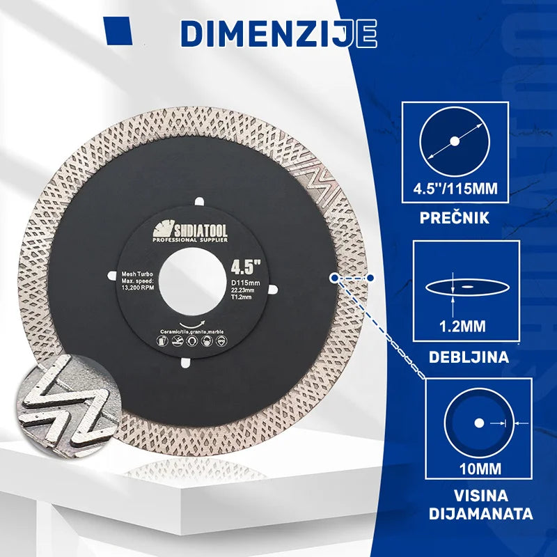 Mesh Turbo dijamantske ploče 115mm A393451022R , debljine 1.2mm, visini dijamanata 10mm sa ojačanim središnjim delom za prihvat dimenzije 22.23mm standardnim za brusilice