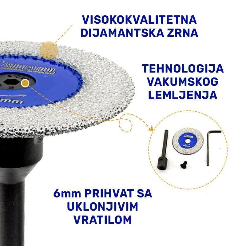 Detalj mini dijamantske ploče 30mm sa vakumski lemljenim dijamantskim zrnom i prihvatom 6mm sa uklonjivim vratilom