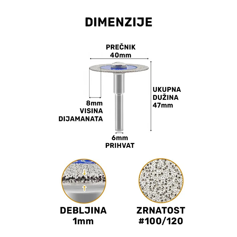 Dimenzije mini dijamantske ploče Ø40 mm x 1 mm A824014006 sa prihvatom 6 mm i visinom dijamantskog sloja 8 mm