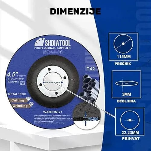 Dimenzije rezne i brusne ploče za metal B31104504 – prečnik 115mm, debljina 3mm, otvor 22,23mm za ugaonu brusilicu