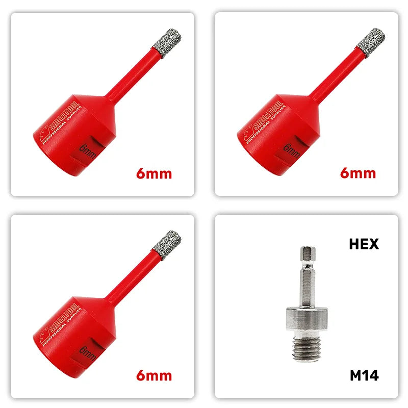 Set A85306/6/6/FA 3x dijamantska kruna 6 mm M14 za pločice porcelan i granit plus adapter HEX 6,35 mm