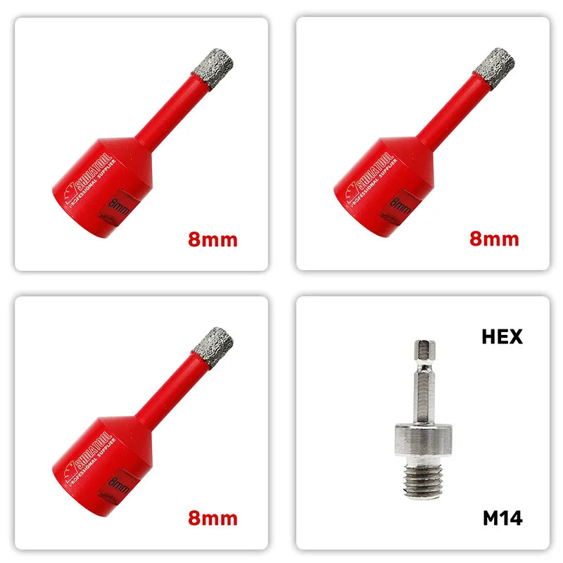 Set A85308/8/8/FA tri dijamantske krune 8 mm M14 za pločice porcelan i granit plus adapter HEX 6,35 mm na M14