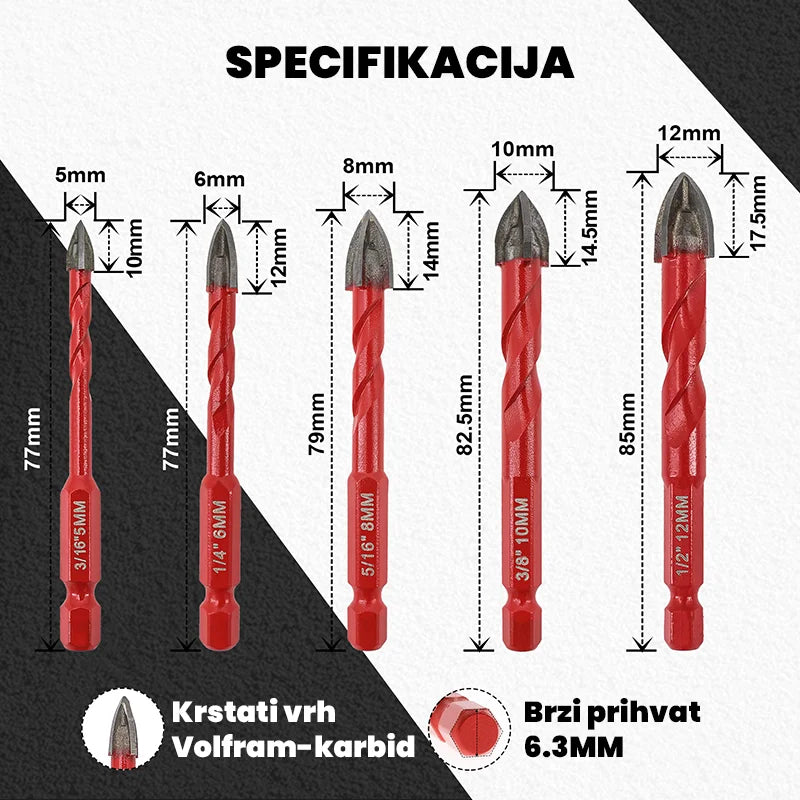 Dimenzije burgija za pločice 5/6/8/10/12 mm sa prikazom dužine, visine vrha i 6,3 mm hex prihvata