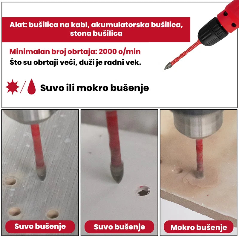 Suvo i mokro bušenje pločica burgijama za pločice, preporučeni alati i minimalan broj obrtaja 2000 o/min