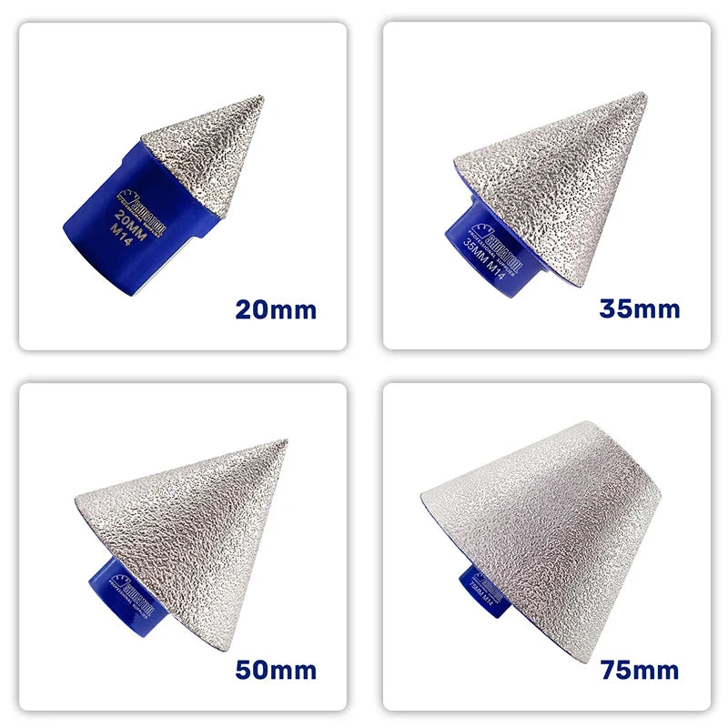 Set dijamantskih konusnih kruna 20 35 50 75 mm M14 #80 za faziranje i proširivanje ivica otvora na porcelanu keramici staklu granitu i mermeru