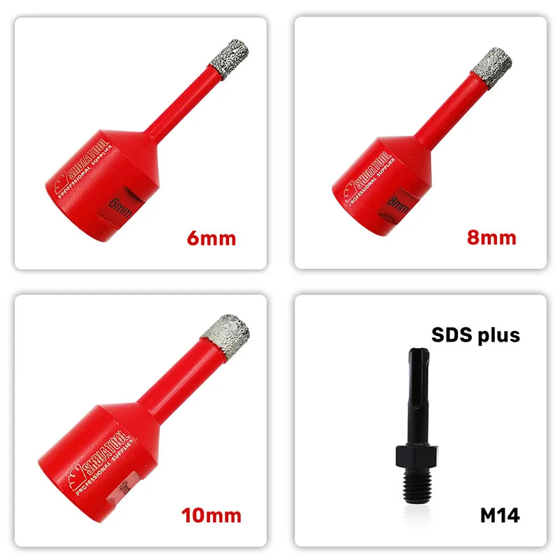 Set A85306/8/10/SDS dijamantske krune 6 8 10 mm M14 za pločice plus konektor SDS plus na M14