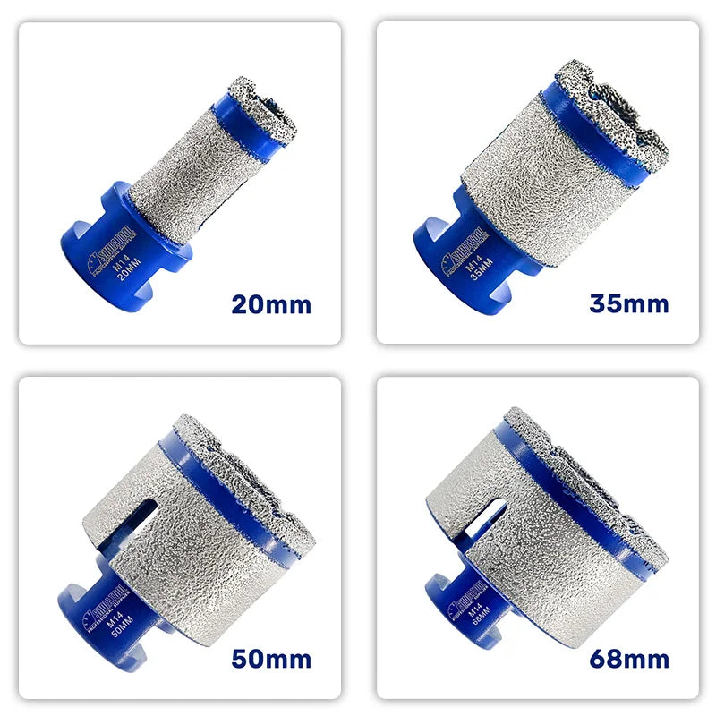 Set dijamantskih kruna 25 35 50 68 mm M14 za bušenje i obradu ivica otvora na porcelanu keramici mermeru granitu i kamenu