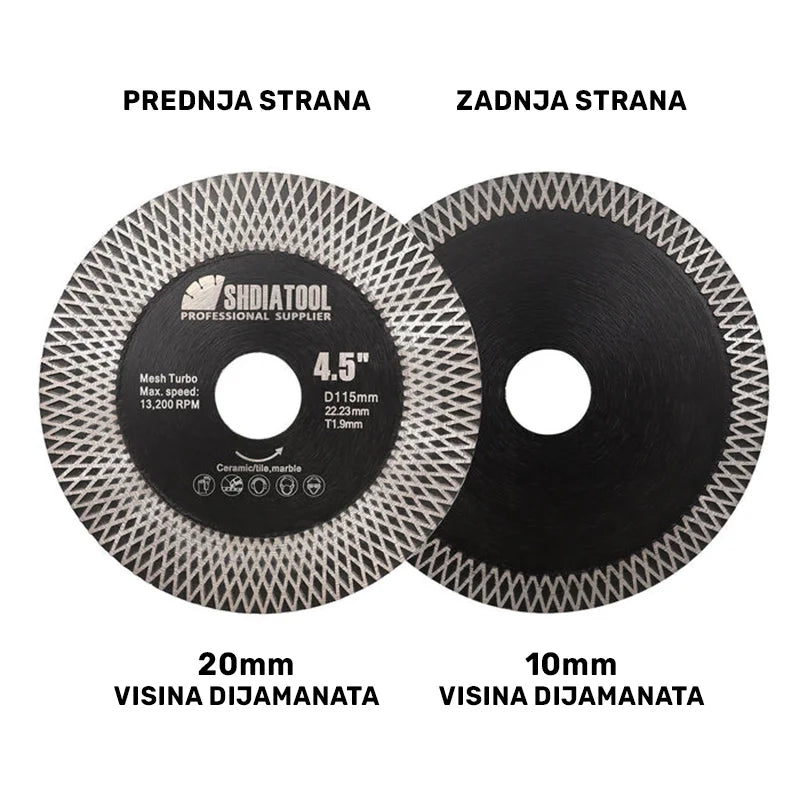 Prednja i zadnja strana X Mesh Turbo dijamantske ploče Ø115 mm sa visinom dijamanta 20 mm i 10 mm
