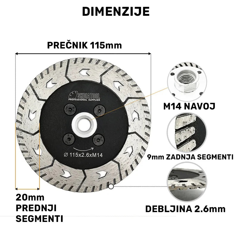 Dimenzije 2u1 dijamantske ploče 115mm x 2,6mm sa M14 navojem, prednjim i zadnjim segmentima