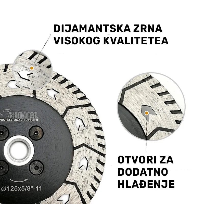 Detalj dijamantskih zrna i otvora za dodatno hlađenje na 2u1 ploči 115mm M14 A37245M14 za kamen