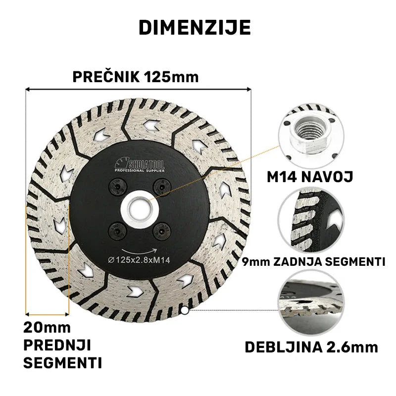 Dimenzije 2u1 dijamantske ploče 125mm A37205M14 sa označenim M14 navojem, debljinom i visinom segmenata