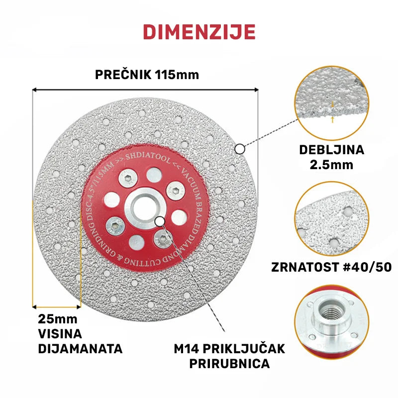 Dimenzije 2u1 vakuum-brazirane dijamantske ploče 115mm A8500145M14 sa debljinom 2,5mm i visinom dijamanta 25mm