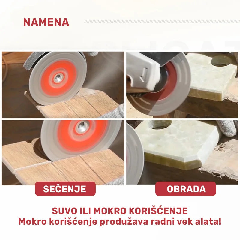 2u1 vakuum-brazirana dijamantska ploča 115mm A8500145M14 u primeni za sečenje i obradu kamena uz suvo ili mokro korišćenje