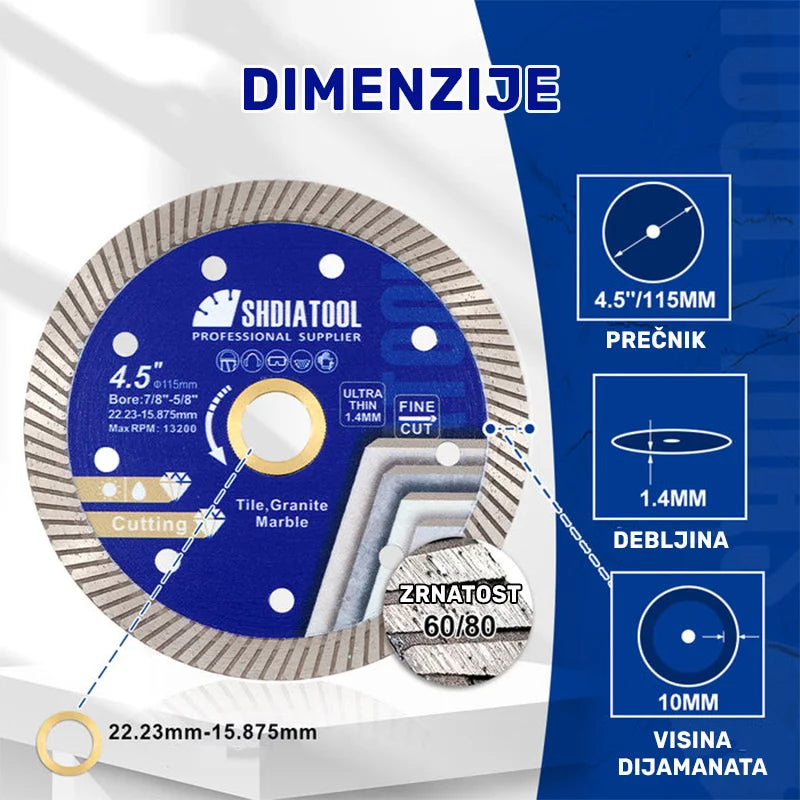 Dimenzije dijamantske turbo ploče 115mm – prečnik 115mm, debljina 1.4mm, visina dijamanta 10mm i prihvat 22.23