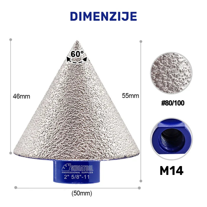 Dimenzije krune 50mm, stepen konusa, prihvat m14 i granulacija dijamantskog zrna #80/90