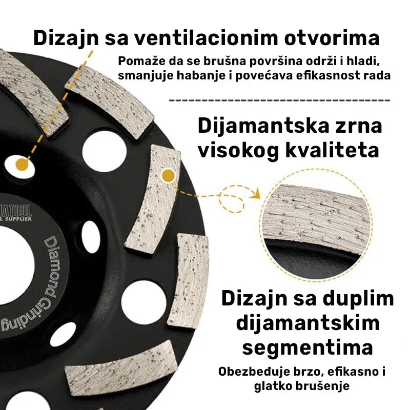 Detalj spiralnog brusnog diska 115mm sa ventilacionim otvorima i visokokvalitetnim dijamantskim zrncima