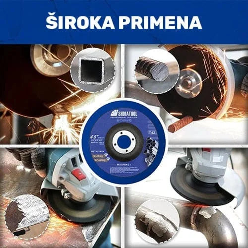 Rezna i brusna ploča za metal 115×3mm B31104504 u primeni na različitim metalnim profilima – sečenje i brušenje čelika, cevi i armature