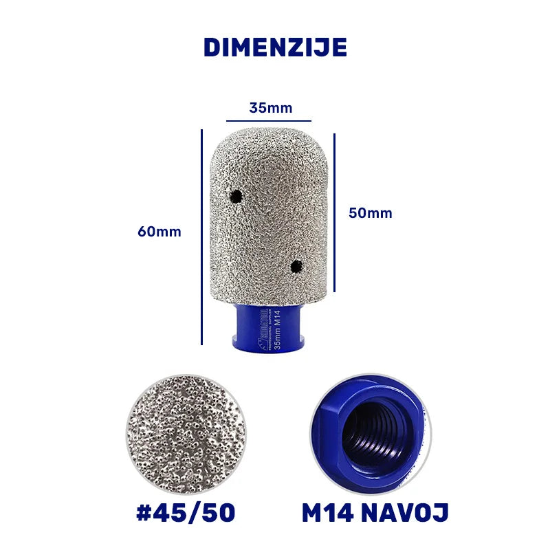 Dimenzije dijamantske valjkaste krune 35mm M14, radna dužina 50mm, ukupna dužina 60mm, dijamantsko zrno #45/50 i M14 navoj – A867735M14