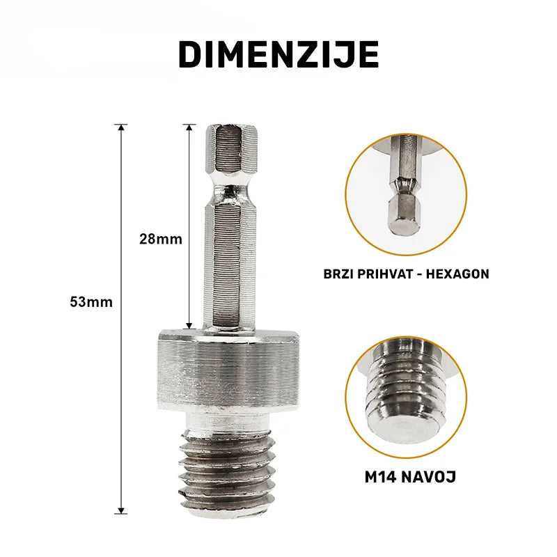 Dimenzije adaptera HEX na M14 navoj A698M14FA – ukupna dužina 53 mm i HEX prihvat 28 mm