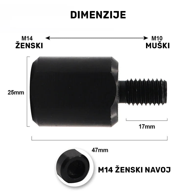Dimenzije adaptera M14 ženski na M10 muški navoj – ukupna dužina 47 mm i prečnik 25 mm