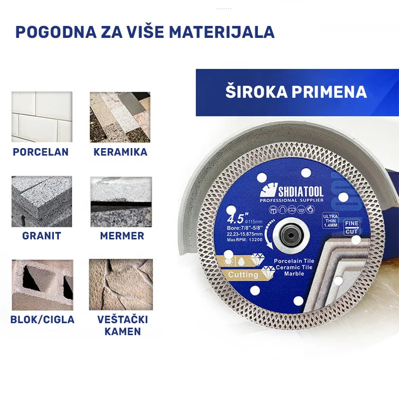 Primena dijamantske mrežaste ploče 125mm na porcelanu, keramici, granitu, mermeru, cigli i veštačkom kamenu
