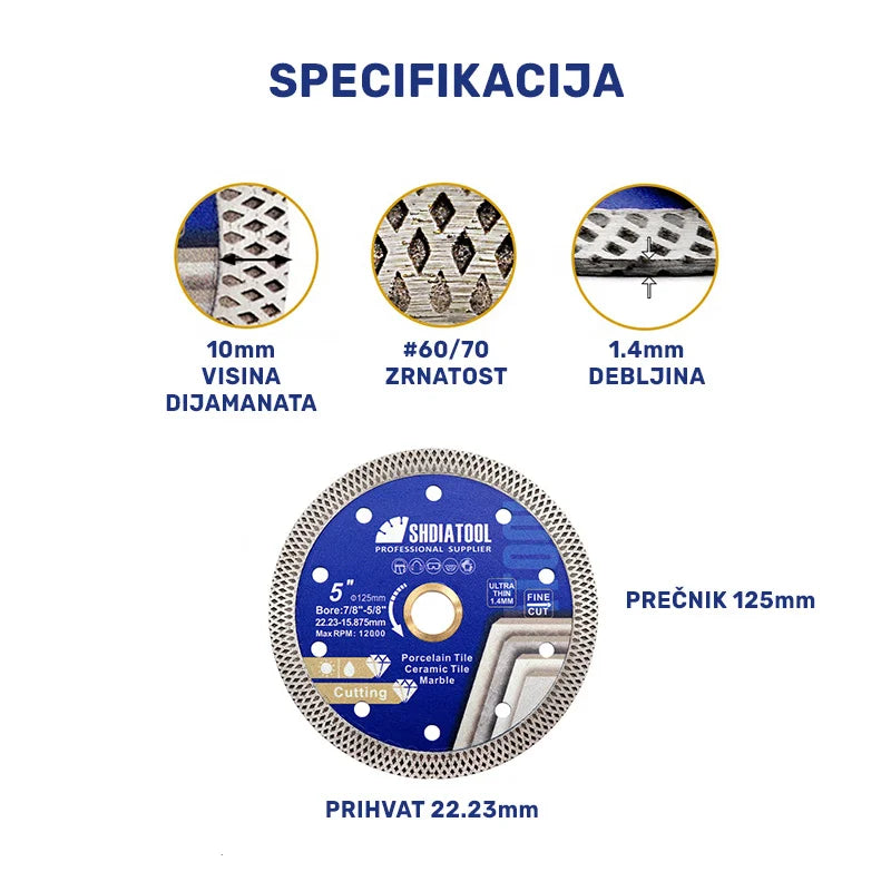 Specifikacija dijamantske mrežaste ploče 125mm – visina dijamanta 10mm, zrnatost #60/70, debljina 1.4mm i prihvat 22.23mm