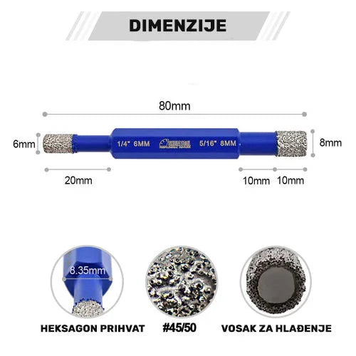 Dimenzije dvostrane dijamantske krune 6–8 mm sa heksagon prihvatom i voskom za hlađenje