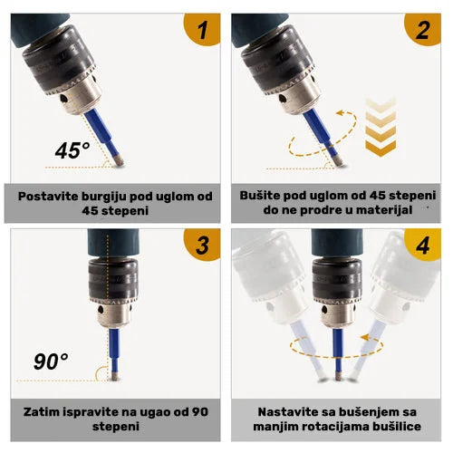 Uputstvo za bušenje sa dvostranom dijamantskom krunom 6–8 mm – rad pod uglom 45° i uspravno na 90°