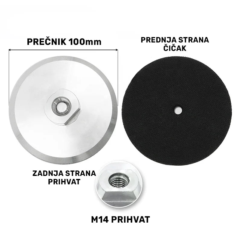 Dimenzije aluminijumskog nosača za polirne padove 100mm sa M14 prihvatom A64004M14 i čičak stranom