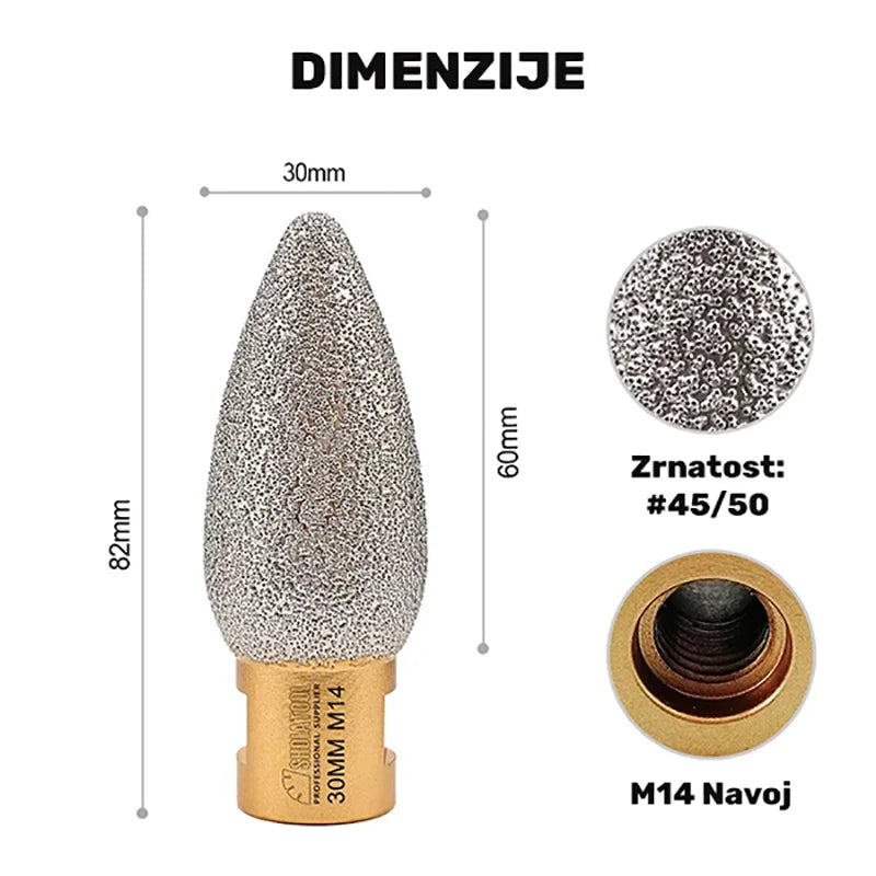Dimenzije dijamantske konusne krune 30mm M14 sa radnom dužinom 60mm i zrnatošću #45/50