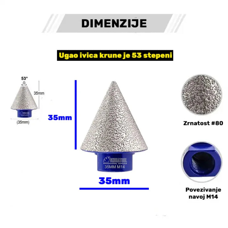 Dimenzije dijamantske konusne krune 35mm M14 – prečnik, visina i zrnatost #80