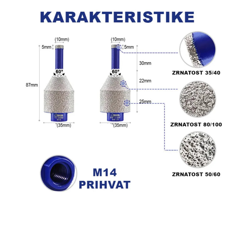 Dimenzije i karakteristike dijamantske krune 10–35mm M14 – konusni oblik, više zona zrnastosti i standardni M14 prihvat