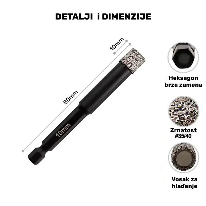 Dimenzije dijamantske krune 10 mm HEX sa dijamantskom oblogom 10 mm i brzim heksagon prihvatom – A8561010